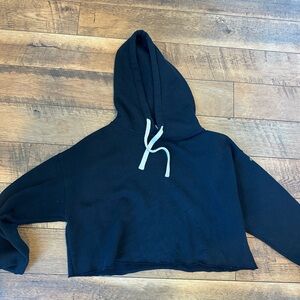 ALO Black Cropped Hoodie with White Drawstrings size M